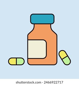 Botella de medicina y píldoras Vector icono plano. Medicamento. Medicina y signo de Asistencia médica. Símbolo gráfico para Sitio web médico y diseño de App, logotipo, App, UI