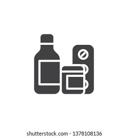 Medicine bottle and pills vector icon. filled flat sign for mobile concept and web design. Medical drugs glyph icon. Healthcare symbol, logo illustration. Pixel perfect vector graphics