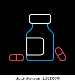 Medicine bottle and pills vector icon on black background. Medicament. Medicine and medical support sign. Graph symbol for medical web site and apps design, logo, app, UI
