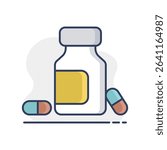 Medicine bottle and pills vector isolated icon. Medicament. Medicine and medical support sign. Graph symbol for medical web site and apps design, logo, app, UI
