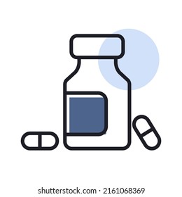 Medizin Flasche und Pillen Vektorsymbol isoliert. Medikation. Arzneimittel und medizinisches Hilfszeichen. Bildsymbol für medizinische Website und Design von Apps, Logo, App, Benutzeroberfläche