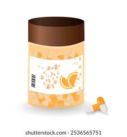 Medicine bottle with pills with vitamin C	health care