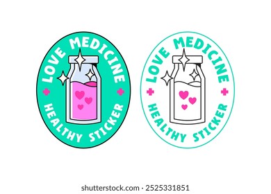 medicine bottle with pink love liquid colorful doodle badge logo vector illustration design set for medical, pharmaceutical and healthcare