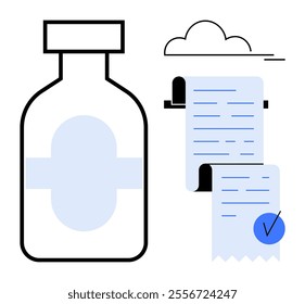 Medicine bottle with a prescription and a cloud icon. Ideal for healthcare, pharmacy, medicine, online prescriptions, medical themes. Simple and clean illustration style