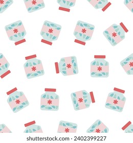 Medicine bottle seamless pattern. Suitable for backgrounds, wallpapers, fabrics, textiles, wrapping papers, printed materials, and many more. Editable vector.