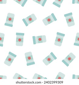 Patrón sin soldadura de frascos de medicina. Adecuado para fondos, papel pintado, telas, textiles, papel de envoltura, materiales impresos y muchos más. Vector modificable.