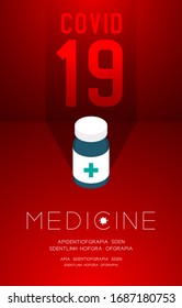 Medicine bottle with shadow and Covid-19 text, Pandemic coronavirus concept poster or social banner design illustration isolated on red gradients background with copy space, vector eps10