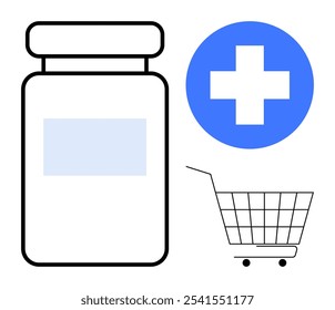 A medicine bottle, a shopping cart icon, and a medical cross symbol are visible in this clean, minimalist design. Ideal for healthcare, pharmacy, online shopping, e-commerce, and medical services