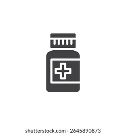 Ícone sólido do frasco do medicamento. ícone do vetor de glifo de um recipiente com rótulo. Usado na farmácia e na saúde como um ícone e símbolo do tratamento.