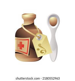 botella de medicina e ilustración vectorial de cuchara, medicación.