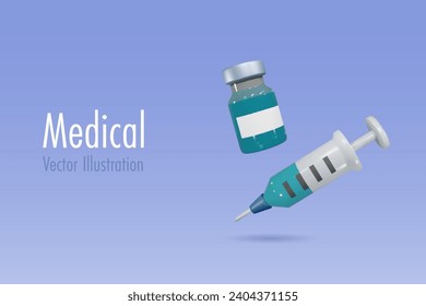 Frasco de medicina y jeringa para inyección. Concepto médico, sanitario, vacunación y cirugía plástica. Caricatura 3D.