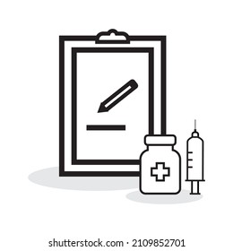 Medicine bottle and syringe with paper sheet vector illustration isolated on white background. Medical protection, medicine, dose of vaccine, medical treatment, report, result and to do list.