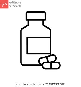 Frasco de medicina y dos cápsulas de línea e icono sólido. Asesino de dolor, logotipo de farmacia vitamínica. Pictograma de la dosis de las cápsulas de Multivitamina para atención médica. Diseño de ilustración vectorial en fondo blanco. EPS 10