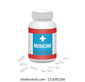 Medicine bottle with two different pills. Vector illustration.