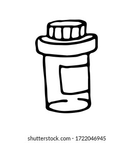 Frasco de medicina. Doodle dibujado a mano del vector Covid-19, coronavirus. Suministros médicos, medicamentos para tratar y proteger contra el virus. Aislado sobre fondo blanco.Ilustración vectorial de material.