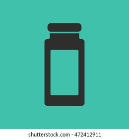 Medicine bottle vector icon. Black illustration isolated on green background for graphic and web design.