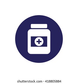 Medicine bottle vector icon. Blue circle. Blue button