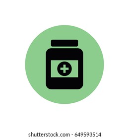 Medicine bottle vector icon. Green button. Green circle