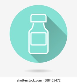 Medicine bottle   vector icon with long shadow. White illustration isolated on green background for graphic and web design.  