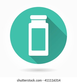 Medicine bottle vector icon with long shadow. White illustration isolated on green background for graphic and web design.  