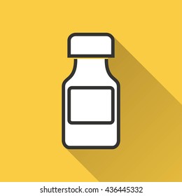 Medicine bottle vector icon with long shadow. Illustration isolated on yellow background for graphic and web design.