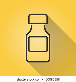 Medicine bottle vector icon with long shadow. Black illustration isolated on yellow background for graphic and web design.