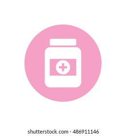 Medicine bottle vector icon. Pink button. Pink circle
