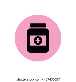 Medicine bottle vector icon. Pink button. Pink circle
