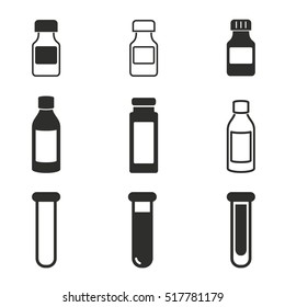 Medicine bottle vector icons set. Black illustration isolated on white background for graphic and web design.