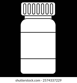 Medicine bottle vector illustration, pills or vitamins bottle clipart, medicine clip art, drugs bottle icon, medication bottle illustration, white on black background