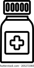 The medicine bottle, in which there is a capsule-shaped drug and tablets for treatment. Illustration vector line icon 