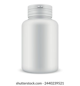 Medicine bottle white package for tablet pill capsule storage mockup realistic vector illustration. Plastic container cap vitamin antibiotic nutrition supplement pharmaceutical pharmacy health care