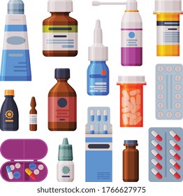 Medicine Bottles and Blister with Capsules Set, Pharmaceutics, Drug Store, Medical Prescription Packaging Flat Style Vector Illustration