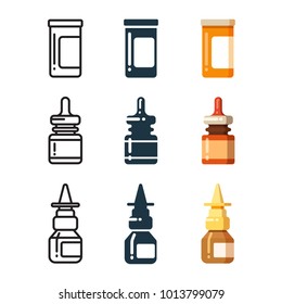 Medicine bottles and box for pills line, silhouette and bright icos set. Vector illustration