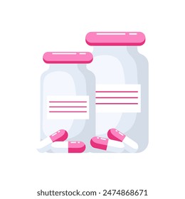 Medicine bottles and capsules with pills on a white background. Illustration, vector