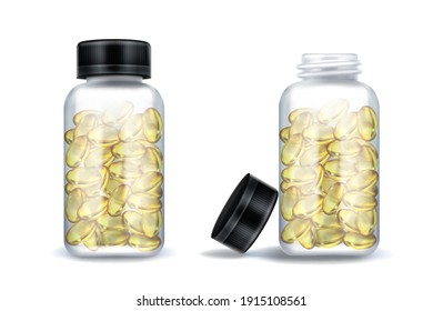 Medicine Bottles With Clear Yellow Capsules Isolated On White Background. Vector Realistic Mockup Of Glass Or Plastic Transparent Container With Open And Closed Black Lid. 3d Jars With Medical Drugs