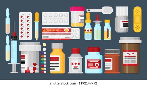 Medicine bottles collection. Bottles of drugs, tablets, capsules and sprays. Vector illustration