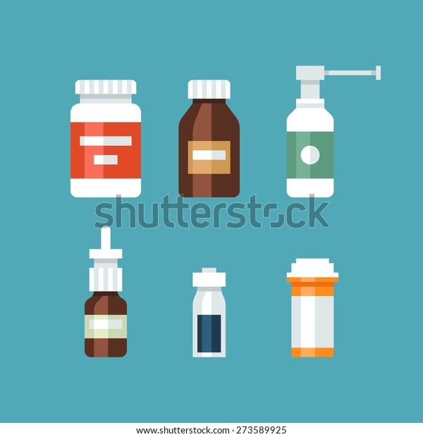 薬瓶のコレクション 薬物 錠剤 カプセル剤 スプレー剤 ベクターイラスト のベクター画像素材 ロイヤリティフリー