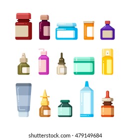 Medicine bottles for drugs, pills and vitamins flat vector icons. Vitamin and antibiotic in glass bottle illustration