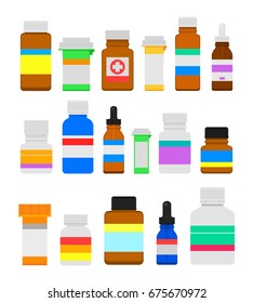 Medicine bottles flat set. Pharmacy plastic pill containers, bags and supplies, vials with child-resistant caps. Bottle whith lable. Flat style vector illustration isolated on white background