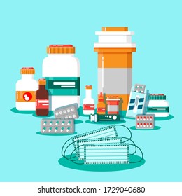 Medicine bottles with labels, bottles for medicines, tablets, capsules, prescriptions, vitamins, medical face masks, etc. Pharmaceutical containers. Hygiene during a pandemic.