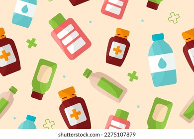 Botellas de Medicina con etiquetas, patrón sin costuras. Ilustración vectorial en estilo plano.