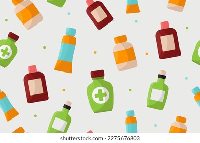 Medicine Bottles with labels, seamless Pattern. Flat Vector illustration.