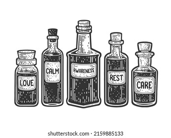 Botellas medicinales con amor tranquilidad cuidado de descanso y boceto de conciencia grabando ilustración vectorial. Metáfora de drogas psicológicas. Diseño de impresión. Imitación de tablero de raquetas. Imagen dibujada a mano en blanco y negro.