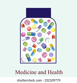 medicine bottles over blue background vector and watercolor illustration