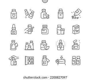 Botellas de medicamentos. Productos farmacéuticos. Atención médica y de salud. Abrir la botella. Iconos De Línea Delgada De Vector Perfecto De Pixel. Pictograma mínimo simple