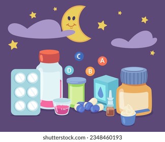 Medicina en botellas y píldoras para niños ilustraciones vectoriales. Jarabe infantil, vitaminas, medicación dulce con luna creciente y estrellas. Farmacia, medicina, concepto de atención de la salud infantil