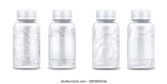 Medicine bottles with pills and clear capsules isolated on white background. Vector realistic mockup of glass or plastic transparent container with blank label and lid. 3d jars with medical drugs