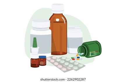 Medicine bottles, pills, eye drops, medicine tablet.