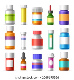 Medicine bottles. Bottles with pills vector illustration, medication container set isolated on white background